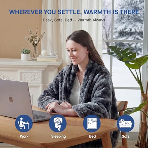 Electric Heated Throw Blanket, Faux Fur 50"x60", 6 Heat Settings, Grey