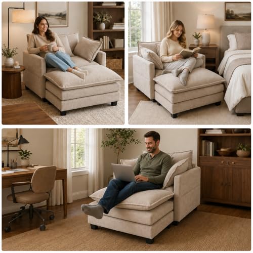 41-Inch Oversized Reading Chair with Ottoman, Chenille Deep Seat Armchair