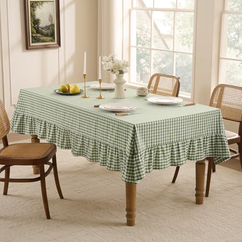Gingham Ruffled Rectangle Tablecloth 60 x 84 Inch, Sage Green Waterproof