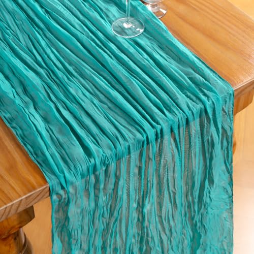 Teal Green Cheesecloth Table Runner, 35 x 120 Inch Boho Gauze Table Decor
