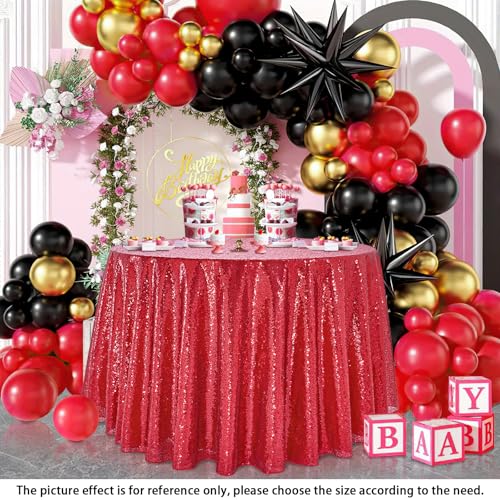QueenDream Red 90 Inch Round Sequin Tablecloth for Party & Wedding