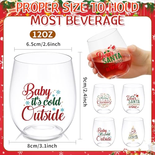 Yiyiring 12 oz Christmas Plastic Stemless Wine Glasses - 24 Pack, Holiday Party Drinkware