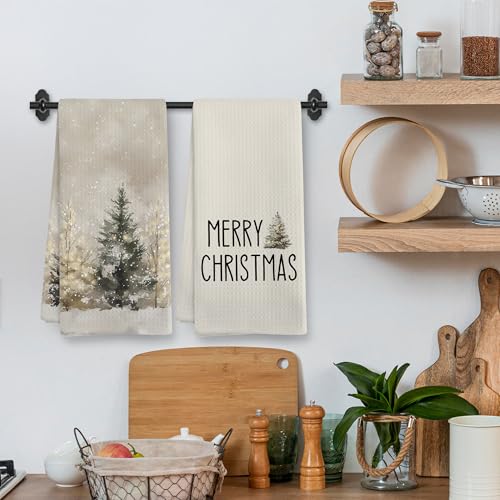 Snow Tree Kitchen Towels Set of 2 16x24 in - Rustic Beige Christmas Dish Hand Towels