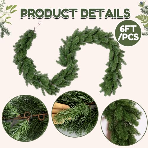6FT Prelit Norfolk Pine Garland - Artificial Christmas Wreath with LED Lights, Lush Realistic Foliage, Indoor Outdoor Decor