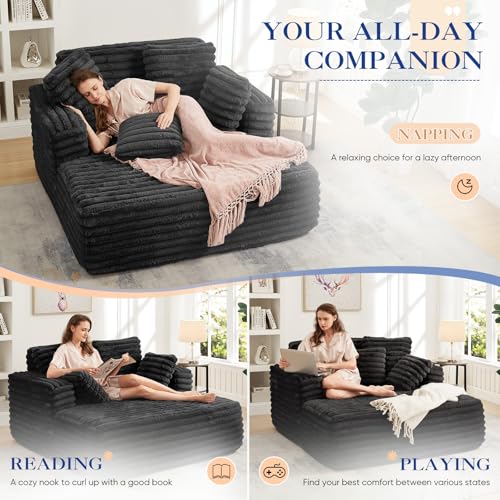 Oversized Faux Fur Chaise Lounge Sofa with Pillows, Black