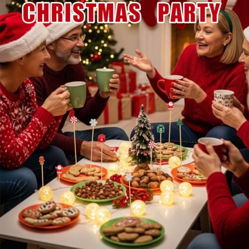 Jouaeo 100Pcs Christmas Cocktail Picks 7 Styles Bamboo Toothpicks for Appetizers & Cocktails