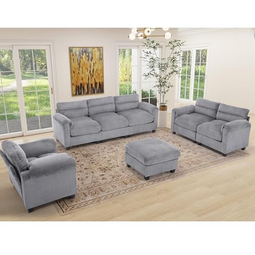 4-Piece Corduroy Living Room Sofa Set with Ottoman, Loveseat and Couch