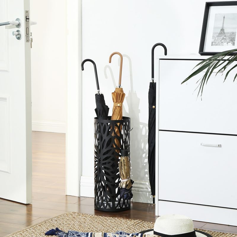 Metal Umbrella Stand for Entryway with Drip Tray and Hooks, Matte Black