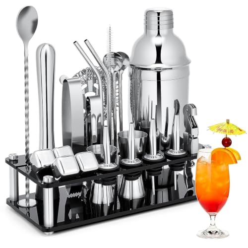 KINGROW Sliver 23-Piece Cocktail Shaker Set with Stand - 25oz Bartender Kit