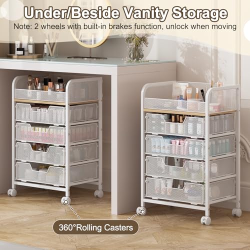 Hongtamoya White 4-Drawer Makeup Cart Organizer with Wheels & Top Display