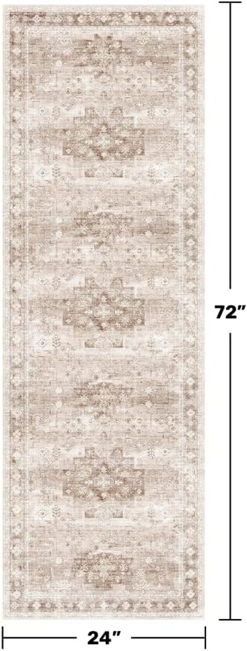 Hazo Haus Boho Long Bathroom Runner Rug - Washable Non-Slip Soft Stain Resistant | 24 x 72 Inches, Beige/Latte Floral Design