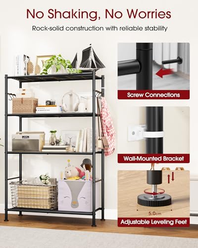 4-Tier Metal Storage Shelving Unit with Hooks and Leveling Feet