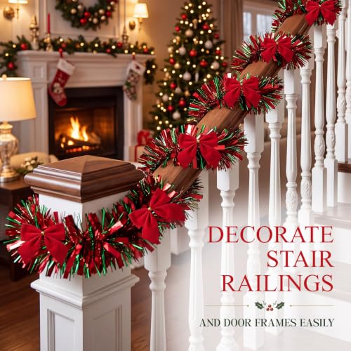 Yilloog 50ft Red and Green Christmas Tinsel Garland with 38 Preattached Bows - Indoor Outdoor Holiday Decor