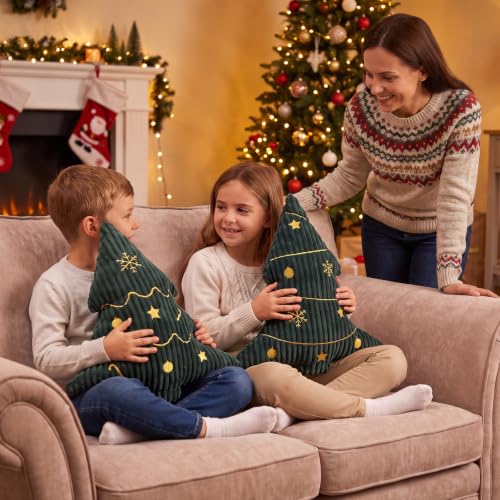 Green Corduroy Embroidered Christmas Tree Pillows Set of 2, 14x16 Inches