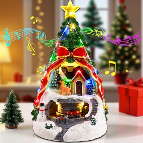9.65IN Large Christmas Tree & Spinning Train Village Set - Pre-Lit Artificial Decor