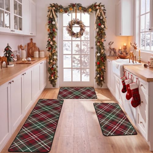Willinglong 3-Piece Red & Green Tartan Plaid Christmas Kitchen Mats Set (Red/Green Plaid) - 16.9 x 29.9in + 16.9 x 46.9in Runner