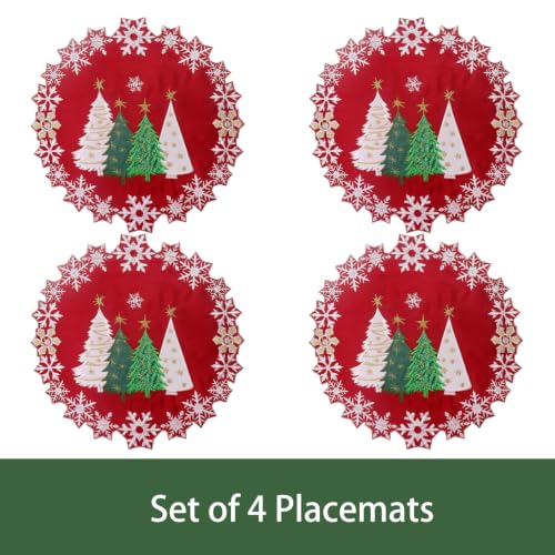 Tenerdy 15in Round Christmas Tree Placemats Set of 4 Embroidered Snowflakes, Red