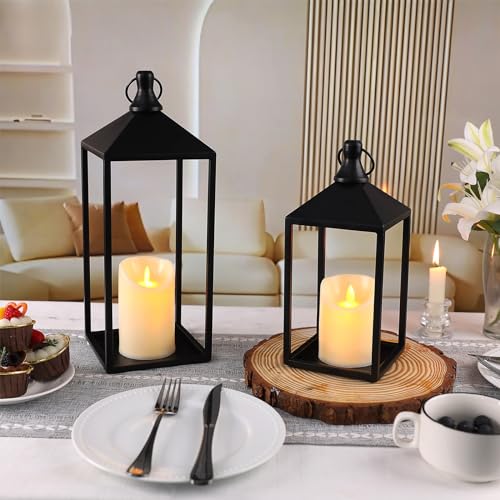 Black Decorative Metal Lanterns Set with Candles - 15" & 11"