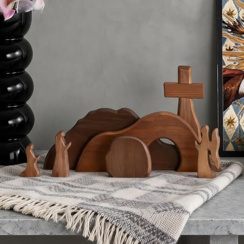 Wooden Empty Tomb Easter Scene Set - 7-Piece Religious Tabletop Display