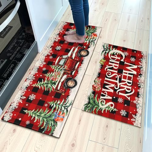 Merry Christmas Kitchen Rugs Set of 2 17x30 & 17x47 in Red Truck Snowflake Buffalo Plaid