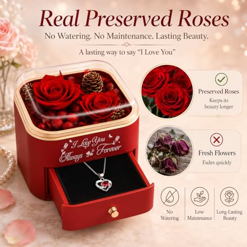 Red Preserved Rose Box with Necklace - Long Lasting Flower Gift for Women