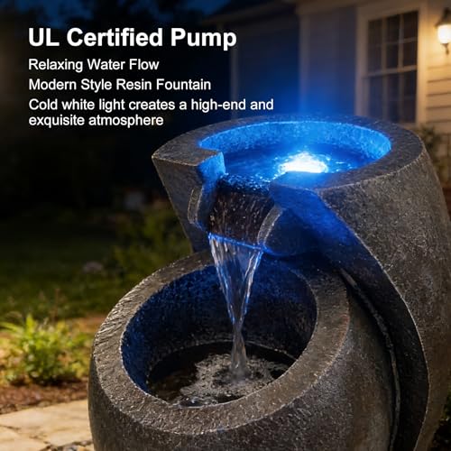 21.5-inch 2-Tier Cascading Water Fountain with LED Lights for Garden Patio