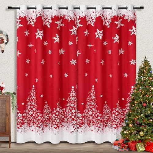 Garvee 52"W x 63"L Red Christmas Curtains with Snowflake & Tree Design (Pack of 2)