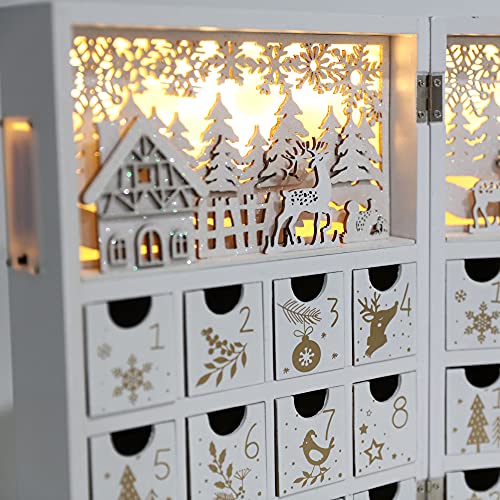 Pioneer-Effort Wooden Advent Calendar with LEDs, White & Gold – 24-Drawer Countdown Decor