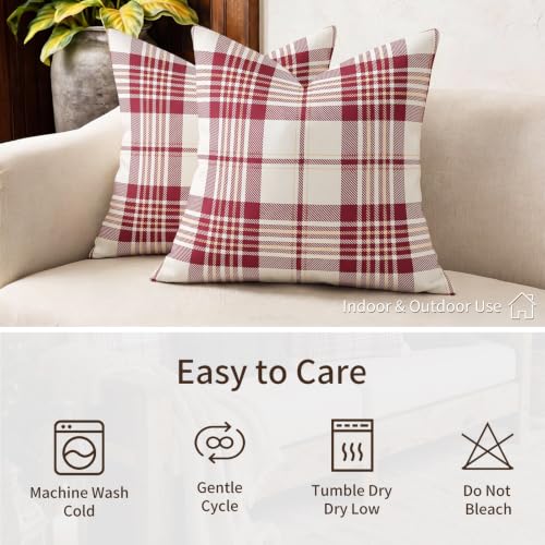 Outdoor Christmas Pillow Cover 20x20in Waterproof Plaid Red/White - Pack of 2, 100% Canvas