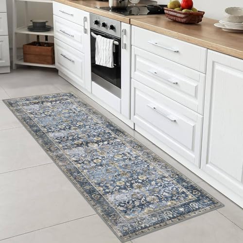 Vintage Washable Runner Rug 2x6 - Non-Slip Distressed Floral Hallway Carpet