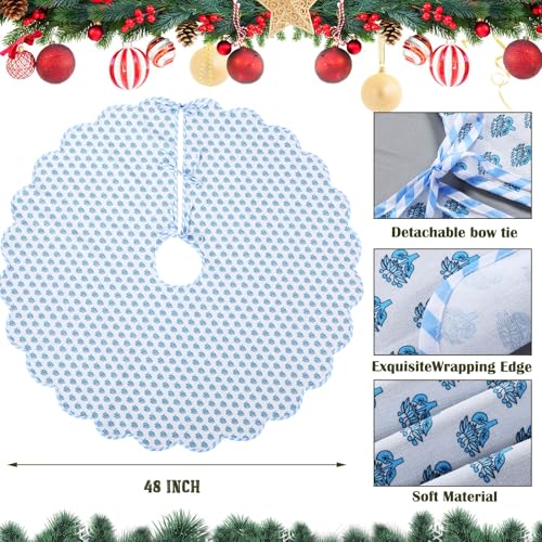 48-Inch Cotton Christmas Tree Skirt - Blue & White Floral Block Print