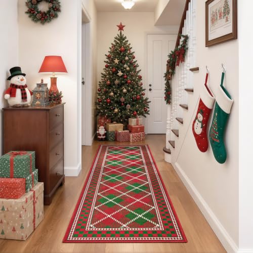 Terrug Christmas Red & Green Plaid 2' x 6' Runner Rug with Non-Slip Backing