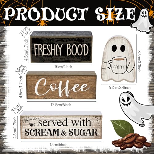 4-Piece Halloween Wooden Ghost Coffee Bar Decor Set - Rustic Tiered Tray Sign