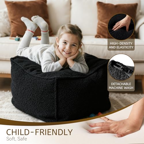 Square Boucle Pouf Ottoman, Soft Foam-Filled Footrest for Living Room