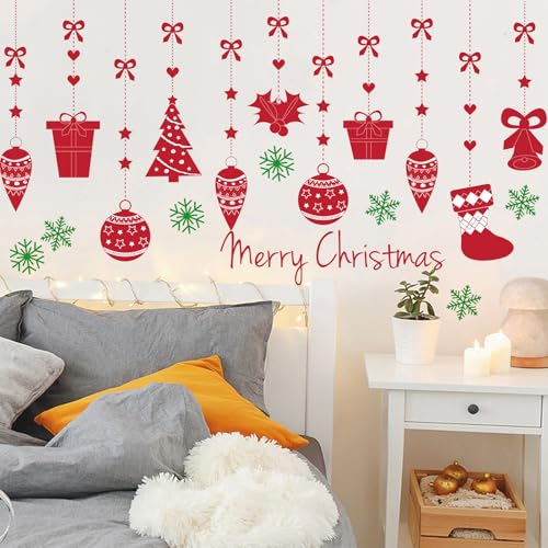 BYOCEW Merry Christmas Pine Tree Snowflake Wall Decals - Red
