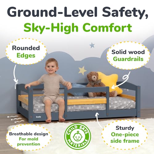 Wooden Toddler Floor Bed with Rails - Low Montessori Crib Size Frame