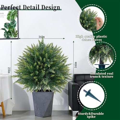 2 Pack 23-Inch Artificial Cedar Topiary Ball Trees for Outdoor Porch Decor