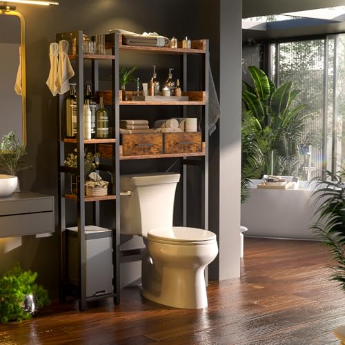 7-Tier Over The Toilet Storage Organizer with Drawers, Rustic Brown