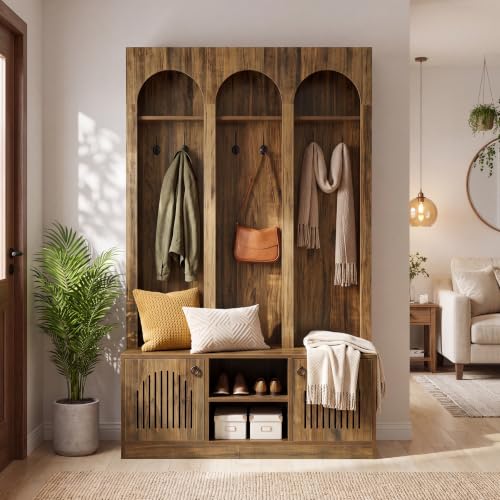 Farmhouse Rustic Entryway Coat Rack & Shoe Storage Bench - 71" Hall Tree