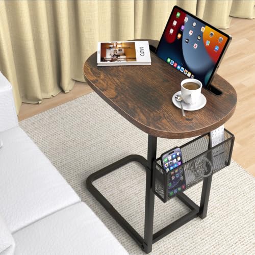 Adjustable C-Shaped Sofa Side Table with Storage Basket, Brown