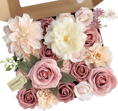 Pink Roses Artificial Flowers Set - 21 Faux Floral Bouquets for DIY Wedding & Home Decor
