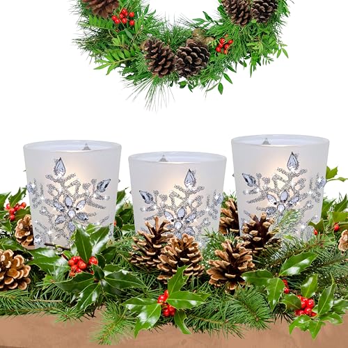 Snowflake Frosted Glass Candle Holders with LED Candles - Set of 3