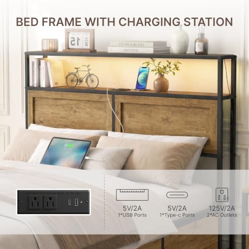 Industrial Bed Frame Set with LED Lights, Charging Station & 6 Storage Drawers