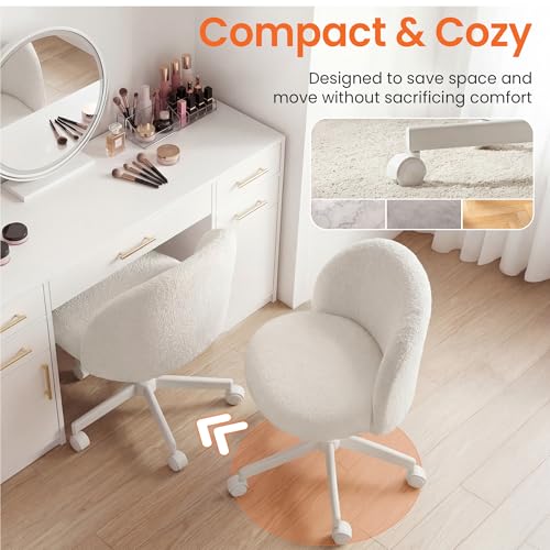 Armless Vanity Chair with Wheels, Teddy Fleece Swivel Office Desk Chair