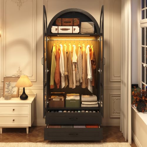 75" Arched Armoire Wardrobe with Glass Doors, 2 Drawers and LED Light