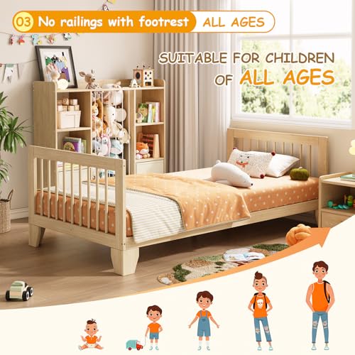 Montessori Twin Floor Bed Frame with Removable Guardrails, Solid Wood