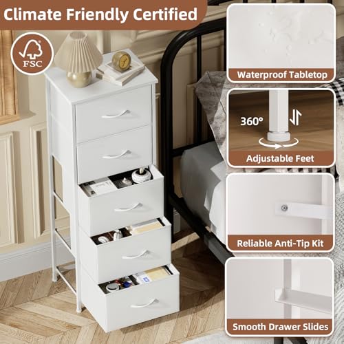 5-Drawer Tall Fabric Dresser Storage Cabinet with Wood Top - White