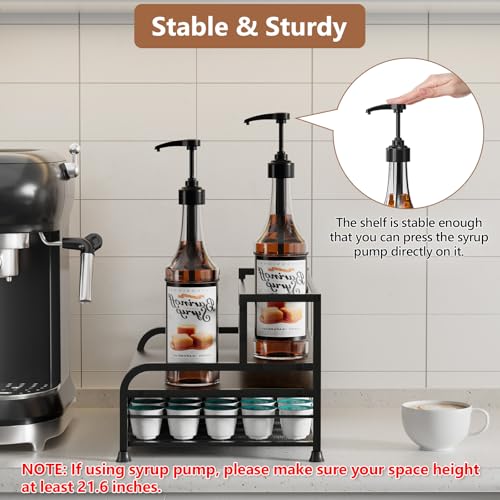 3-Tier Coffee Syrup Organizer with Pod Drawer - Metal & Wood Countertop Stand