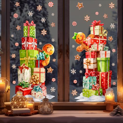 Pawliss 2-Pack Extra Large Window Clings Gift Boxes Gingerbread Man Snowflakes