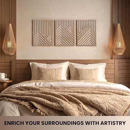 Modern Wooden Wall Sculpture Set - 3-Piece Mountain and Sun Oak Wall Art